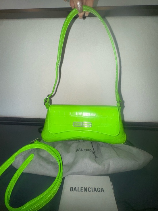 Balenciaga Handbags - Balenciaga Hourglass Green Croc-Embossed Shoulder Bag with Silver BB